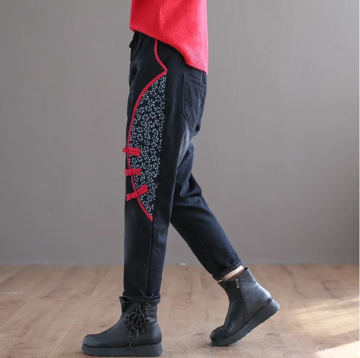 Для женщин ретро джинсы для Осень Зима лягушка Кнопка печатных отбеленные