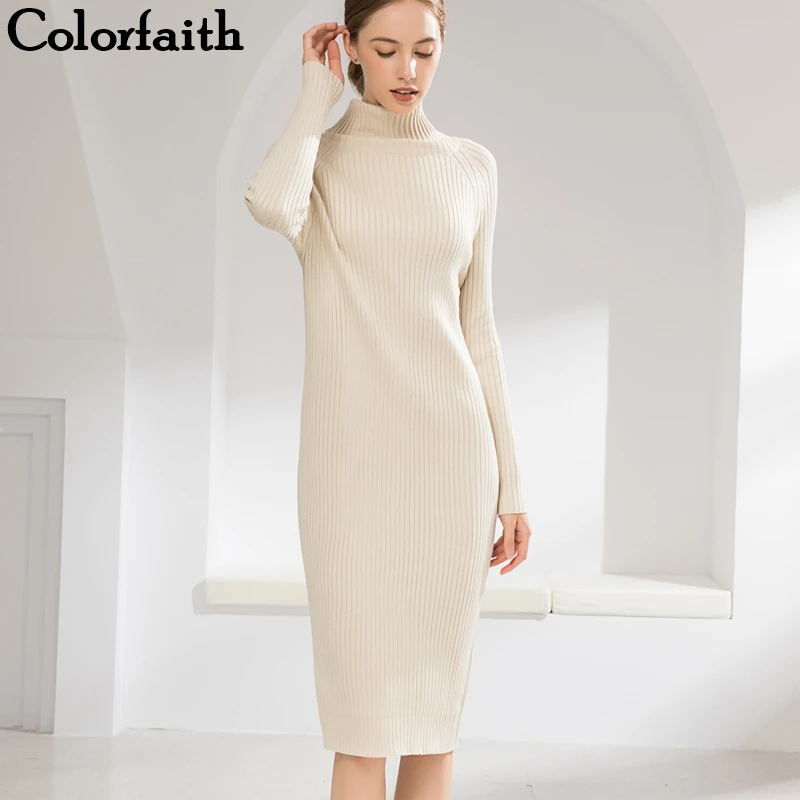 

Colorfaith Новинка 2021, женские длинные платья, весна-осень, водолазка, повседневный прямой Женский вязаный пуловер, элегантная мода, DR4654