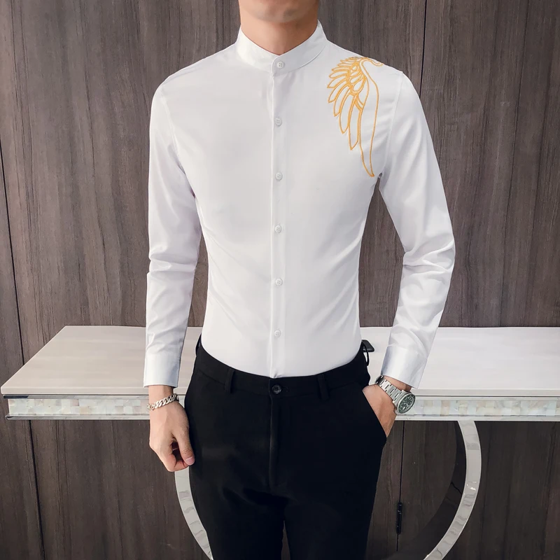 Фирменная Новинка Для мужчин платье рубашка мода осень Вышивка Slim Fit рубашки