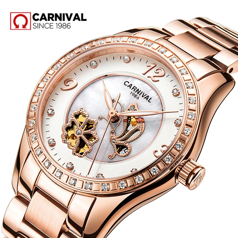 Carnival Women Ceramic Clock Butterfly Design Women's Mechanical Watch Top Brand Luxury Women Sapphire Crystal Female Watches