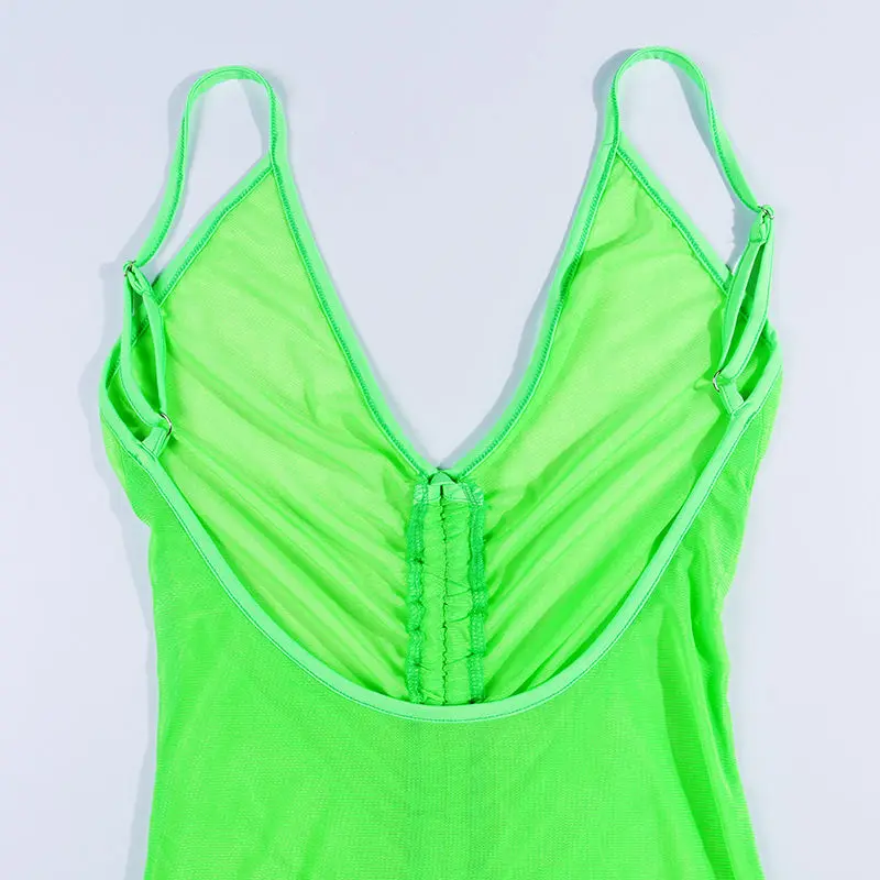 Neon Green Hot Mesh See Through Mini Dress 2020 Summer Women Sleeveless Sexy V Neck Backless Bandage Bodycon | Женская одежда