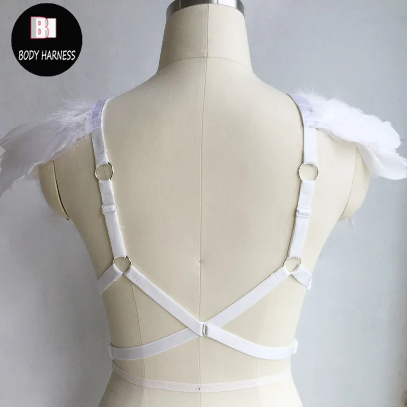 Эластичный черный бюстгальтер с белыми крыльями и перьями|body harness cage bra|black body