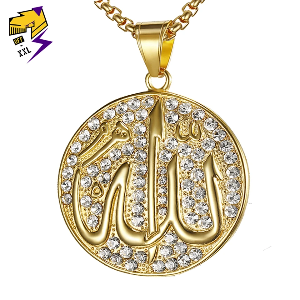 

Faith Muslim Islam Allah Pendant Necklaces Gold Color Stainless Steel Ice Out Long Chain Crystal Necklace Men Religious Jewelry