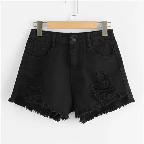 Черный SweatyRocks, рваные потертые джинсовые шорты, уличная одежда, повседневные черные шорты, модные летние женские базовые шорты на пуговицах - Цвет: Черный