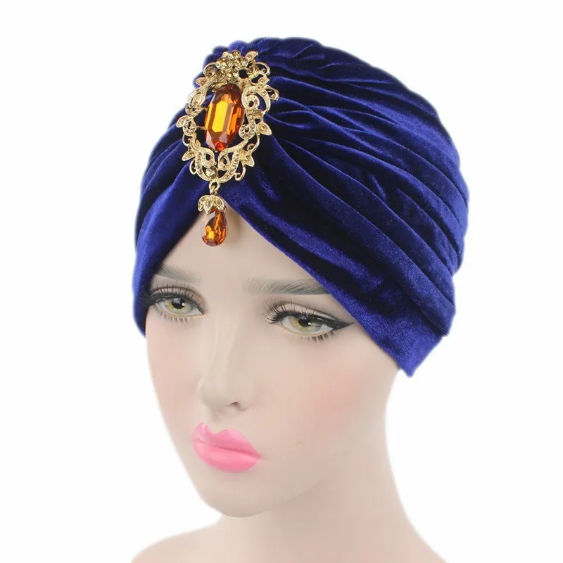 New gorgeous soft Velvet turban velour Hair cover headwrap Hijab Hat with gold color jewelry pendant #YS323 | Тематическая одежда