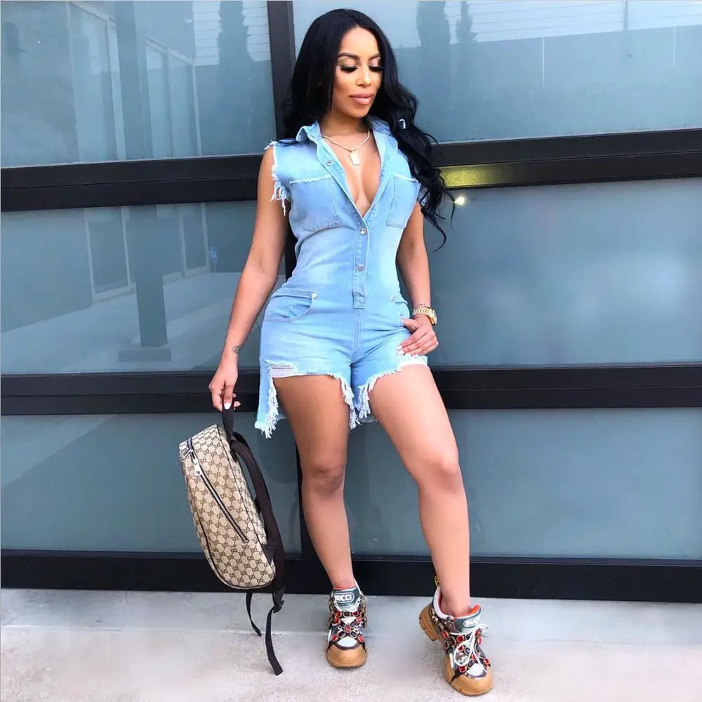 

Fashion Streetwear Casual Washed Denim Turn-Down Collar Sleeveless Hole Women Jumpsuits Female Playsuits Rompers