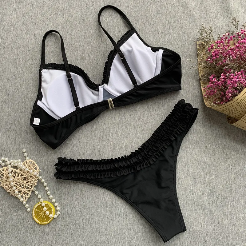Triangle Lace Bikini Sexy Sling Black White Solid Color Swimwear Steel Tow Ruffle Beach Swimsuit Two Piece for Women 2020 | Женская