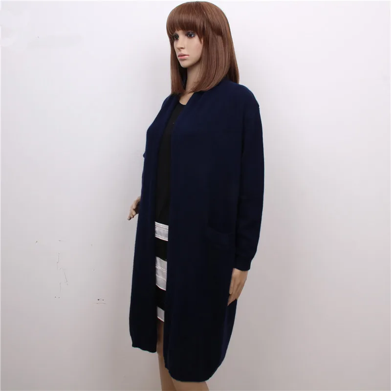 Женский длинный кардиган из 100% козьего кашемира коричневый темно-синий с