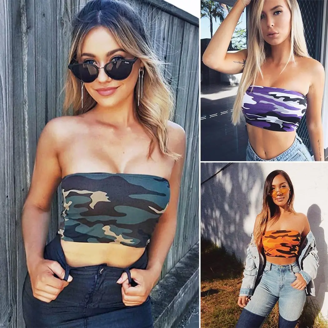 Женская модная летняя камуфляжная без бретелек бесшовная трубка топ рукавов