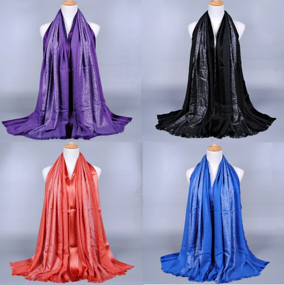 Оптовая продажа Женская однотонная блестящая хлопковая шаль на голову блестящий