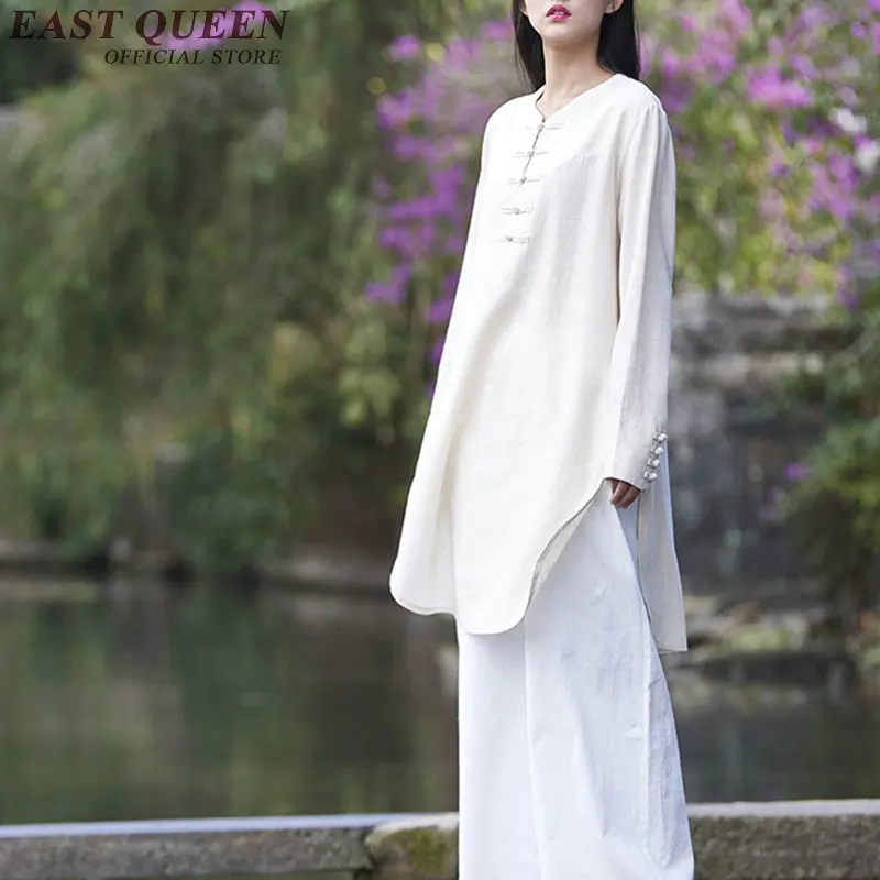 Традиционная китайская рубашка с длинным рукавом воротник-стойка Блузки Женская одежда в стиле Дзен белая хлопковая льняная блузка AA2835 YQ