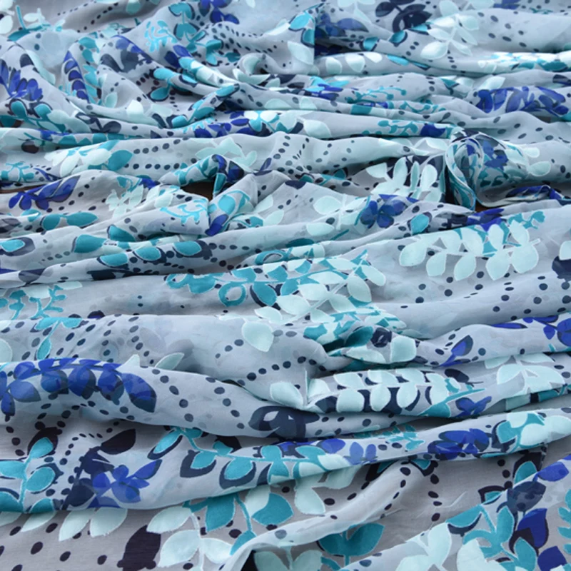 

114CM Wide Leaves Burnt-out Thin Blue Silk Cotton Velvet Fabric for Spring Summer Shirt Suit Dress Jacket H409