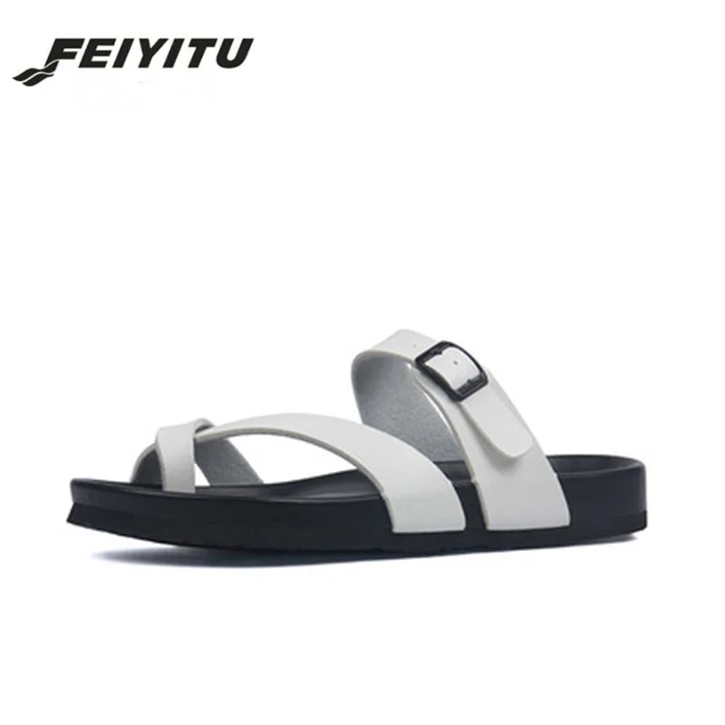 

FeiYiTu Summer Man Slippers Sandals 2019 New Men Casual Beach Double Buckle Slip on Slides Shoe Flat white black silver 35-45