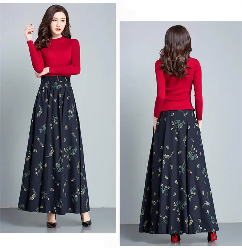 Весенне-осенняя Длинная женская юбка Vestidos, Повседневная тонкая хлопковая льняная юбка с принтом размера плюс, юбка макси, элегантные винтажные юбки с карманами Q629