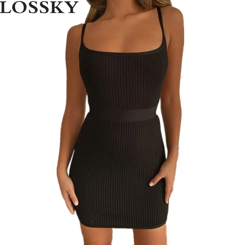 

LOSSKY Sexy Knitted Strap Mini Bodycon Dress Casual Sleeveless Backless Hollow Out Women Dresses Slim Solid Club Party Dress New