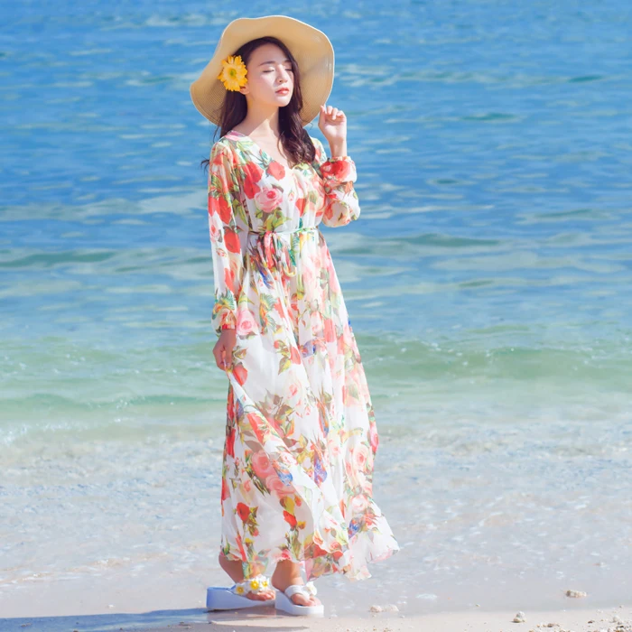 Шифоновое летнее платье макси для праздника и пляжа с цветочным принтом медового