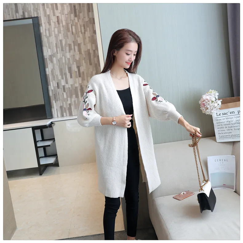 Winter autumn casual tops V-NECK collar lantern sleeve floral embroidery knit sweater warm women sweaters long cardigans |