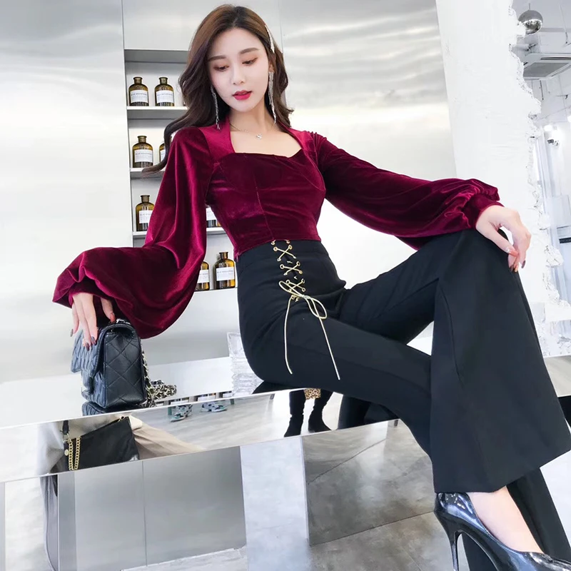 TWOTWINSTYLE велюровые Короткие топы женские тонкие пышные с длинным рукавом необычный воротник женские футболки сексуальная модная одежда осень