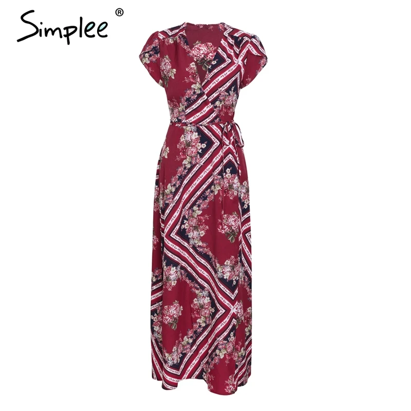 Длинное женское платье с запахом Simplee элегантное макси бохо принтом на лето и