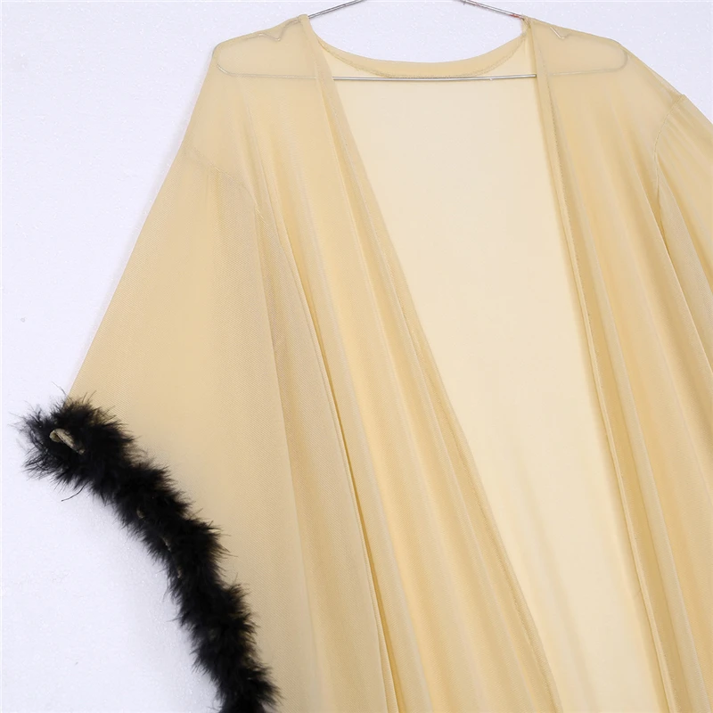 Sexy Ladies Lingerie Transparent Sleepwear Women Nightwear Babydoll Flare Sleeves Feather Wrap Robe See Through Long Bathrobe |