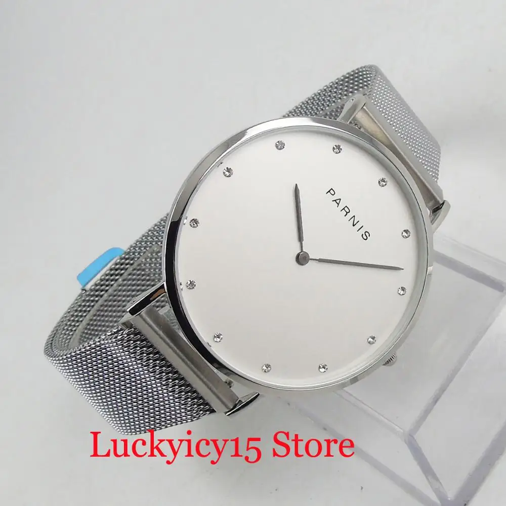 41mm White Dial Sapphire Crystal PARNIS Round Luxury Quartz Men's Watch With Alloy Bracelet