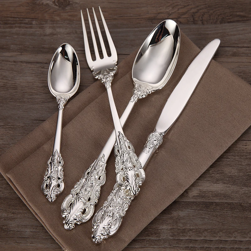 

4-24pcs Luxury Wedding Silverware set Silver Plated Dinnerware Dinner Knife Fork Spoon Teaspoon Retro Cutlery Kitchen Tableware