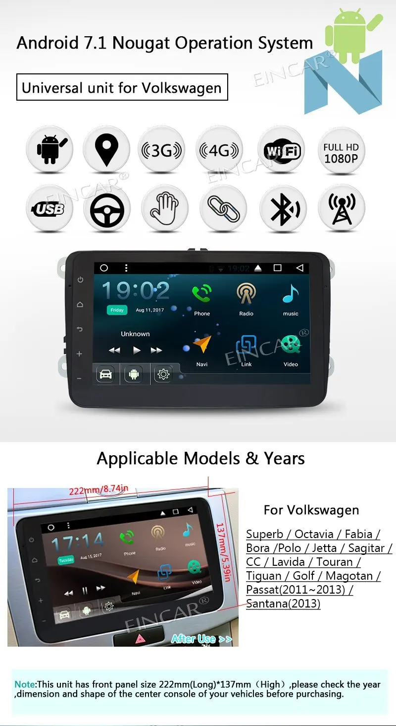 4 г ключ + 2Din Android 7.1 Автомобильный GPS Tracker для Volkswagen core 8 ''стерео в тире Радио