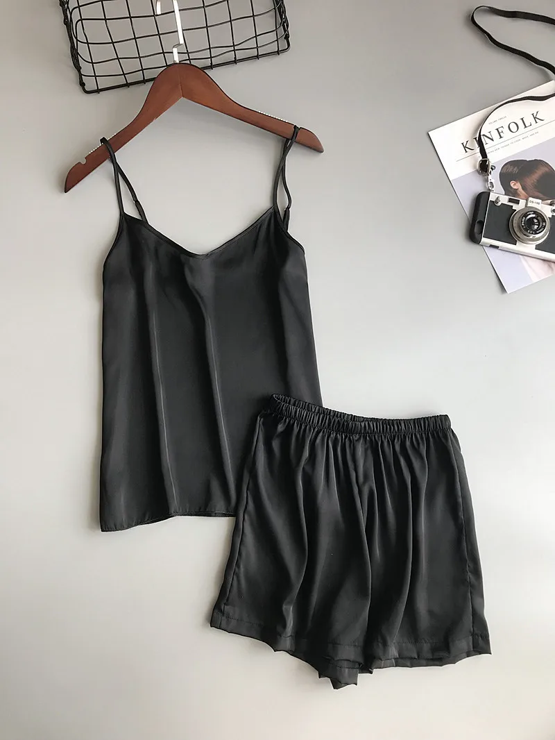Freshing летний ледяной шелк Twinset корейская мода сплошной цвет сексуальный пижамный комплект Женский Летний жилет шорты костюм белье