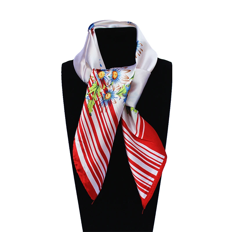 

60cm*60cm 2017 New Women Fashion Imitated Silk Spring Stripe and Daisy chrysanthemum Printed Lady Square Scarf Hot Sale