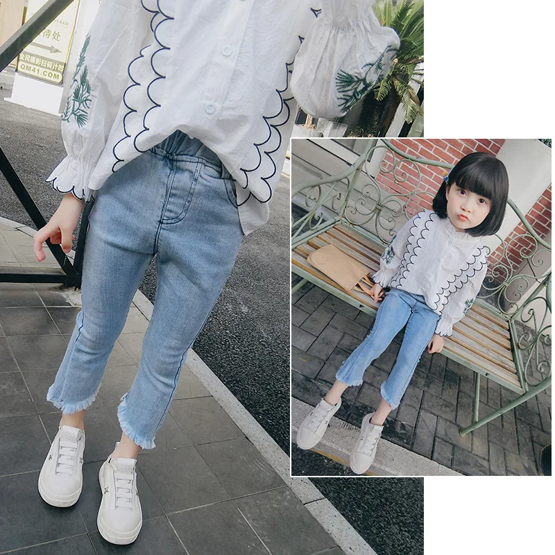 Модные тонкие джинсы Брюки для маленьких девочек Одежда детей Сезон весна осень