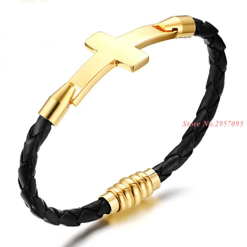 

Newly Arrived Genuine Leather Mens Bracelets Stainless Steel Lock Classic Strand Gold Cross Bracelets Charm Wrap Sporty Bracelet