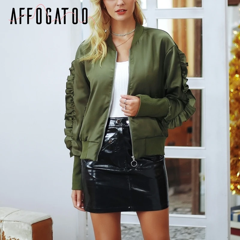 Afogafoo армейский атласный зеленый Бомбер куртка женская модная верхняя одежда для