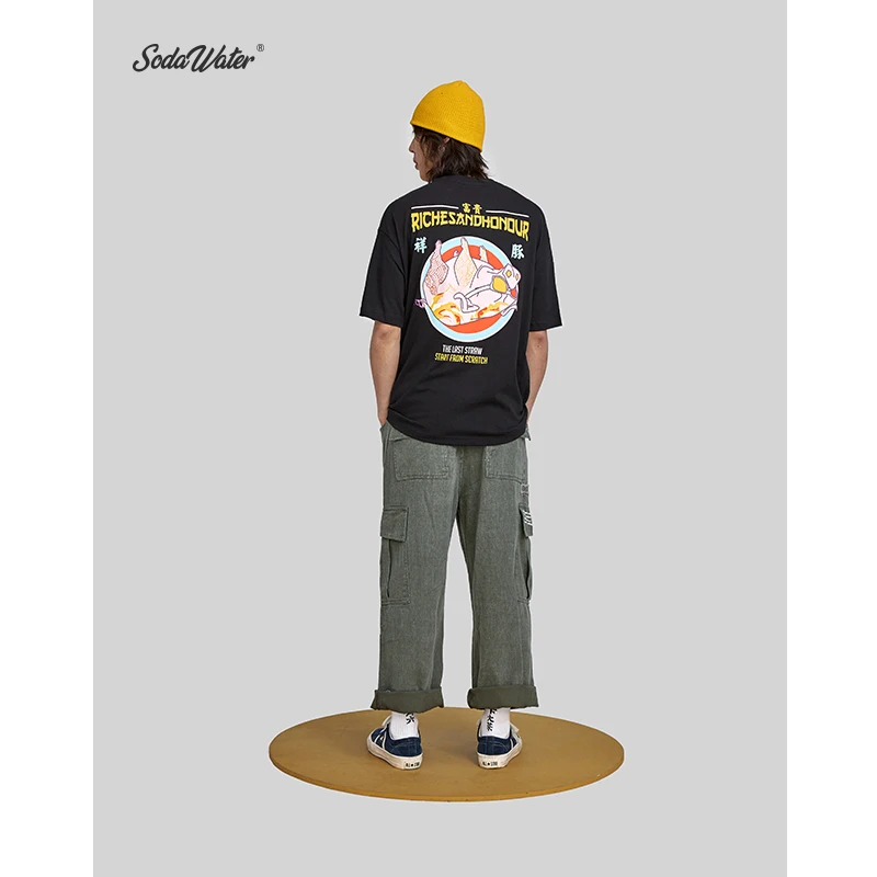 SODA WATER Zhongwen Print Tee Men's Funny T-shirt Loose Fit Streetwear Harajuku Icon Short Sleeve Unisex Clothes 9155S | Мужская