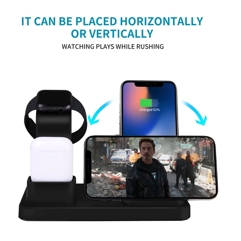 Беспроводное зарядное устройство 3 в 1 10 Вт подставка для Apple Watch 4/3/2/1 AirPods iPhone X Xs Max