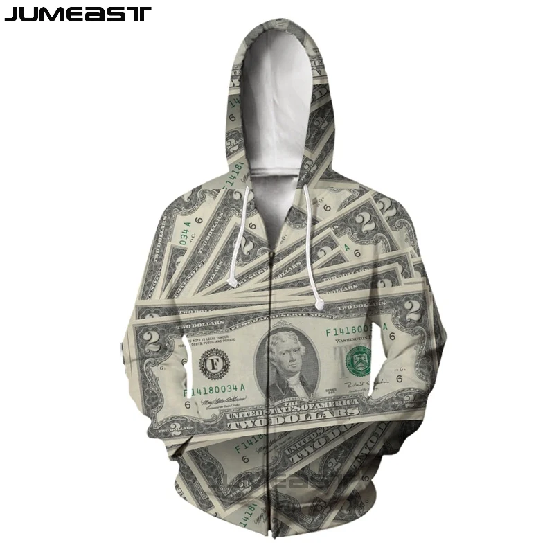 Бренд Jumeast для мужчин/для женщин с 3D принтом Деньги Доллар банкноты куртка с длинным рукавом спортивный пуловер Мода весна молния толстовки - Цвет: 02