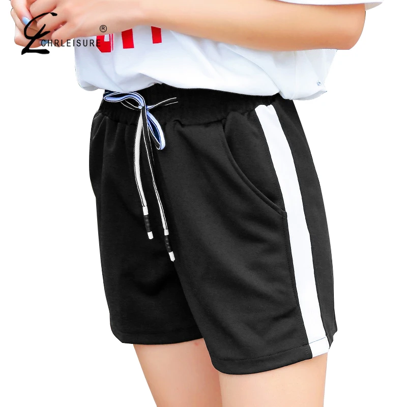 CHRLEISURE Для женщин летние шорты Высокая Талия короткие Feminino сбоку Полосатый Черный