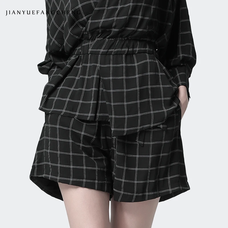 

Women Summer Suit Casual 2 Pieces Set Fashion V Neck Plaid Blouse + High Waist Wide Leg Shorts Women Suits