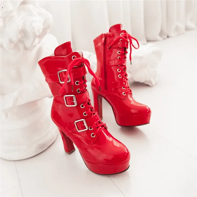 YMECHIC Pu Patent Leather Buckle Strap Lace Up High Heel Motorcycle Boots Women Winter Platform Ladies Goth Shoes Plus Size
