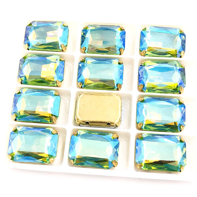 Green AB 10x14 мм/13x18 мм Прямоугольный восьмиугольный Кристалл Стекло Золотое основание flatback пришивные стразы с когтями для DIY аксессуары для одежды - Цвет: Green AB