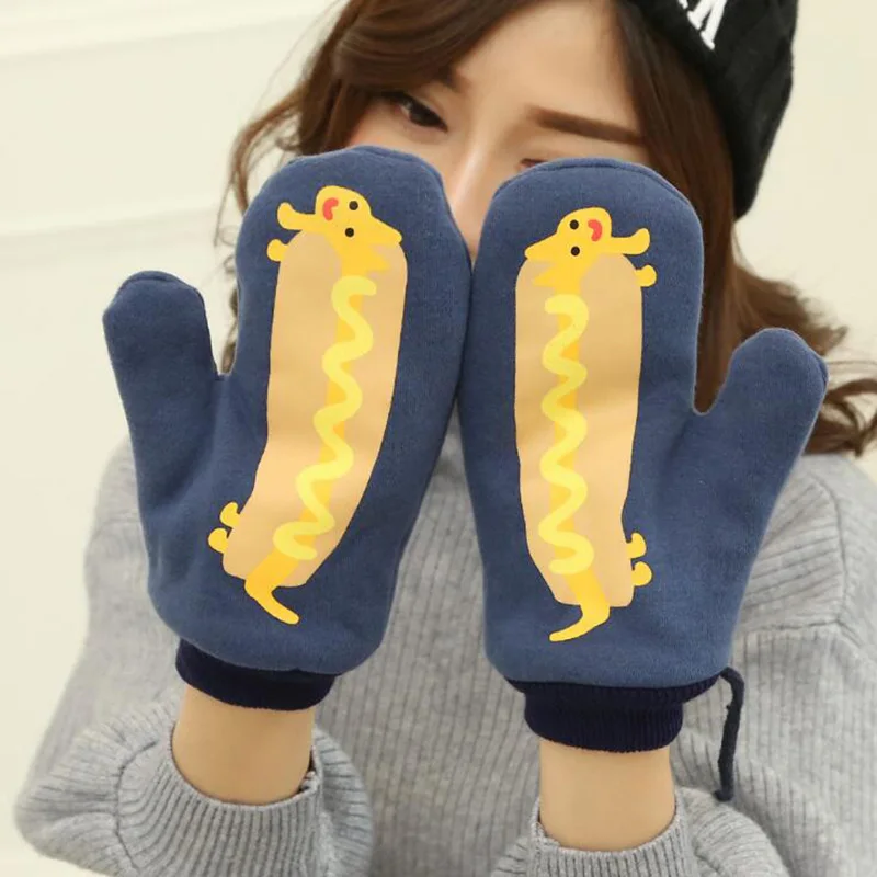 Hot Dog Новые зимние Утепленные кашемировые вязаные бархатные двойные Слои, теплые, милые, миленькие в японском стиле(«животные в мультфильмах, обезьянки варежки Для мужчин Для женщин перчатки дл пар L81 - Цвет: Hot Dog