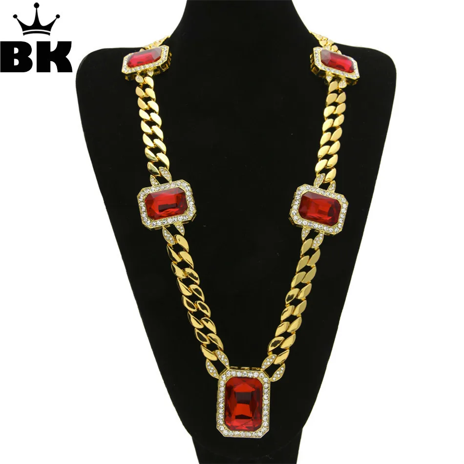 Мужская Золотая кукольная цепь с красным квадратным горным хрусталем модное