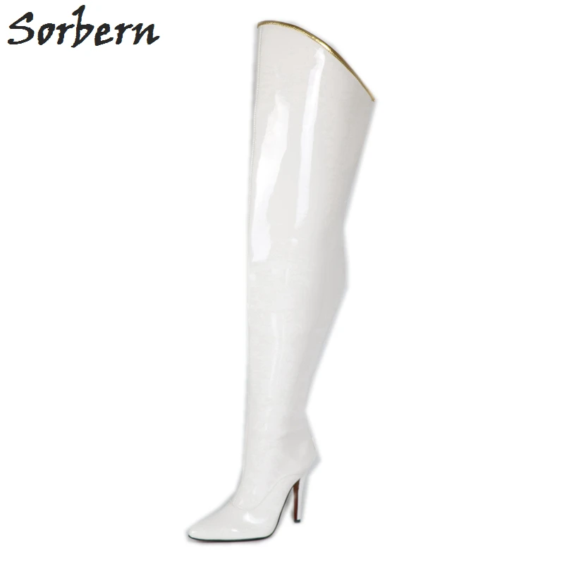 

Sorbern Elegant White Women Boots High Heels Gold Rim Over The Knee Boots Hard Shalf Tall Womens Shoe Boots Sale Custom Colors
