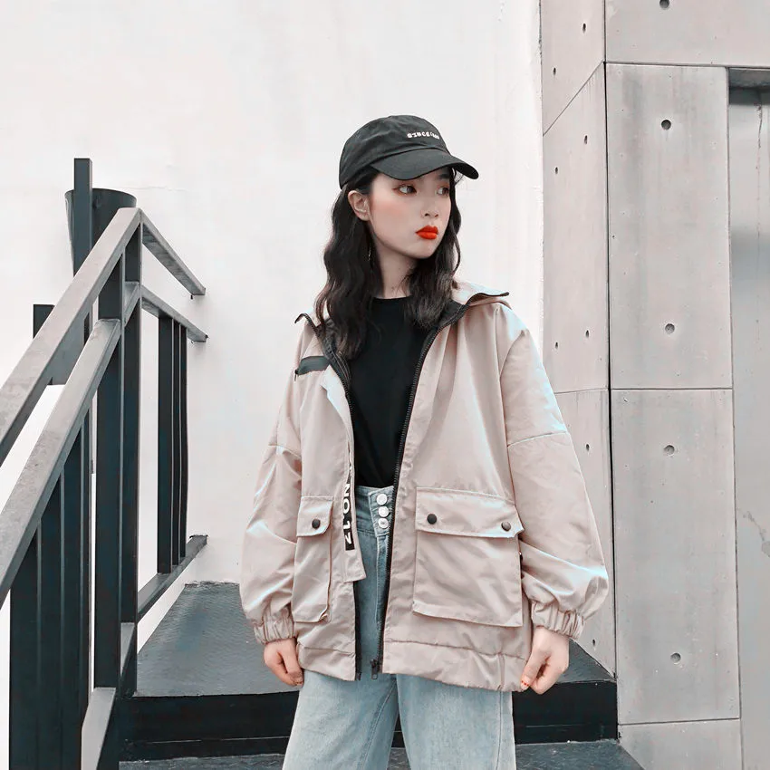 Куртки Для женщин Harajuku Свободные в стиле «хип-хоп»; однотонное пальто Мода карман с капюшоном и застежкой-молнией в Корейском стиле для девочек; корейский новое осеннее пальто куртка для школьников