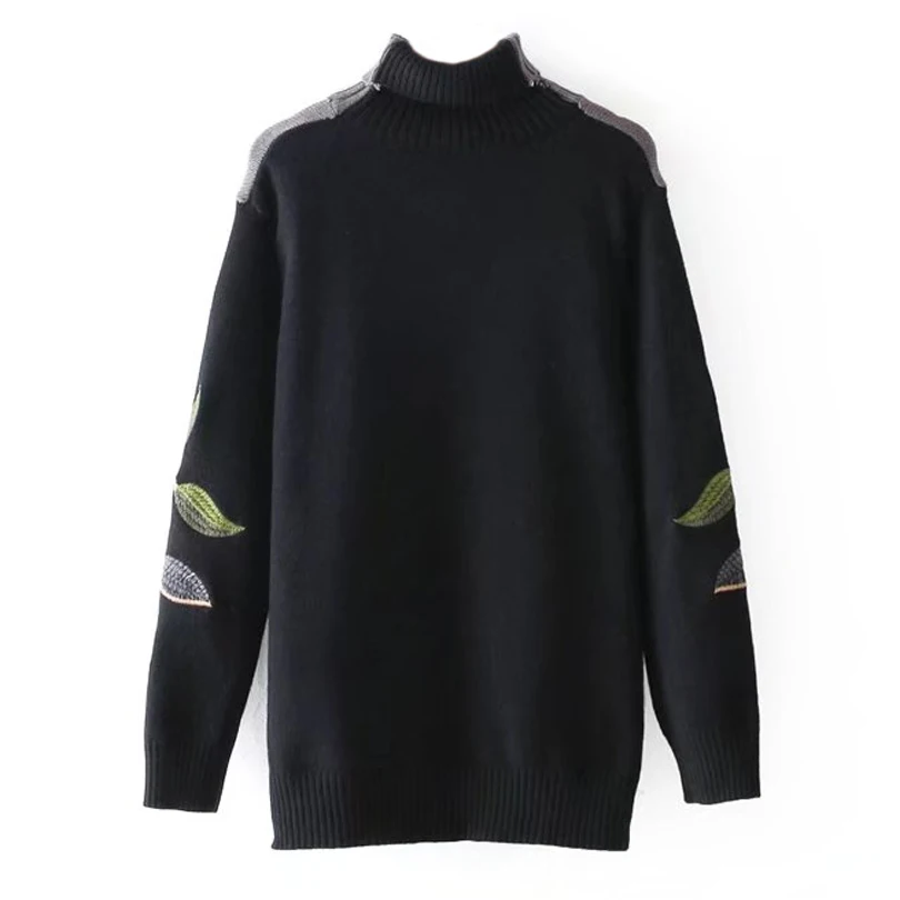 Свитер с воротником Для женщин длинные Oversize джемпер цветочной вышивкой