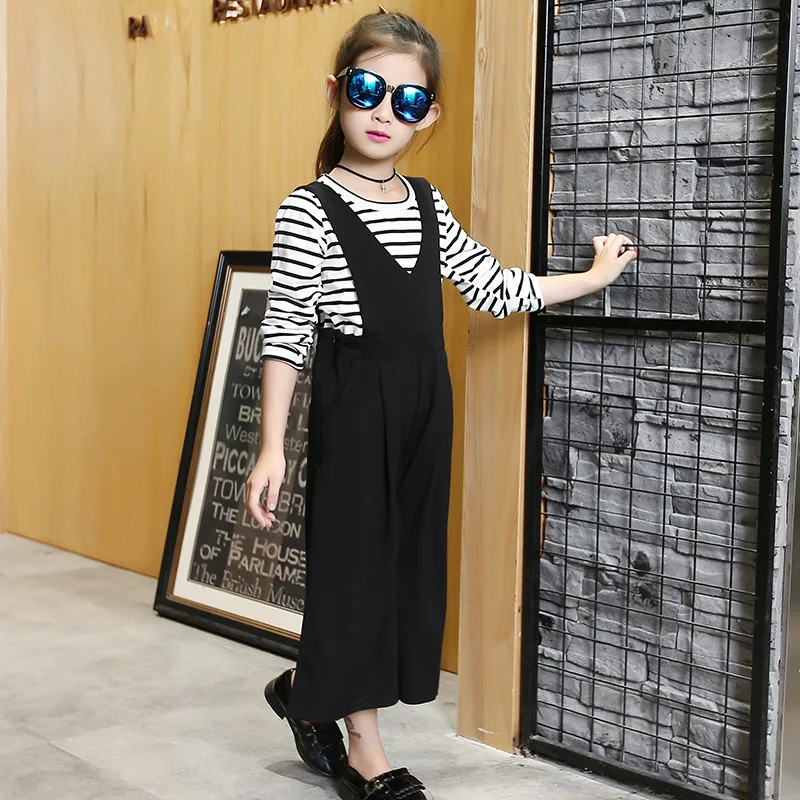 

Spring Autumn Baby Kids Girl Children Clothes 2Pcs Suit Long Sleeve Striped T Shirt Tops+Wide Leg Strap Pants Girls Clothing Set