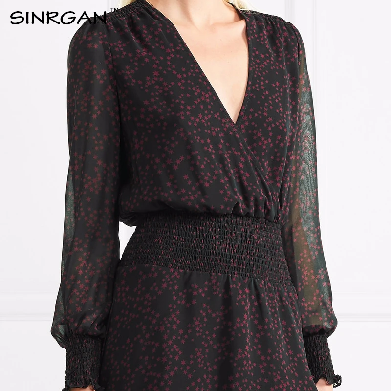 SINRGAN Black v-neck elegent sexy club dresses women vestidos Slim long sleeve solid summer dress Chiffon A-line vintage | Женская