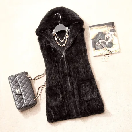 (TopFurMall) зимний женский настоящий вязаный норковый Меховой жилет с капюшоном
