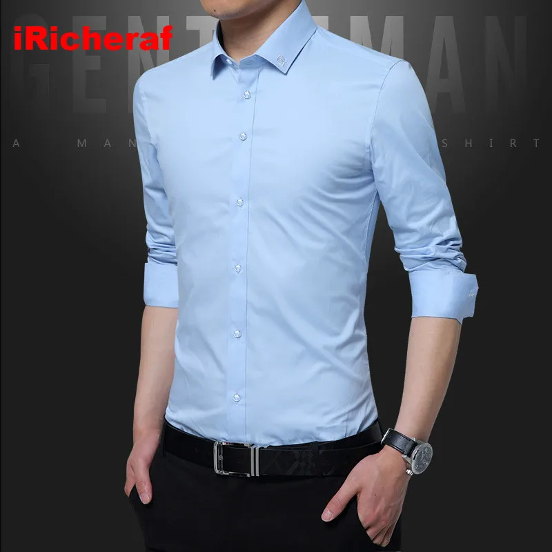 iRicheraf 2019 Business Men Shirt Long Sleeve Formal Mens Dress Shirts Solid White Black Blue Pink Non-ironing M-5XL | Мужская одежда
