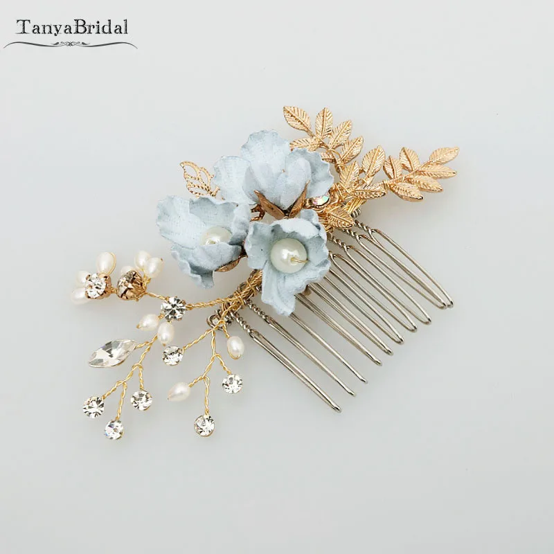 Light Blue Flowers Bridal Headpieces Comb Pearls Crystal Wedding Accessoires 4 pieces Romantic Beauty Hairclip DH019