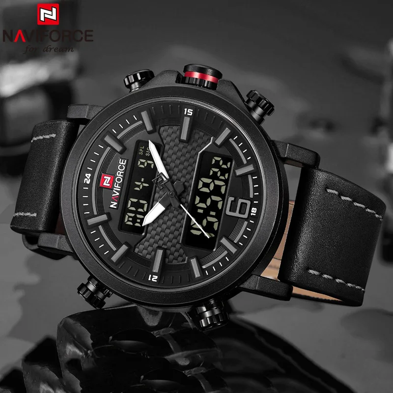 NAVIFORCE цифровые часы для мужчин водонепроницаемые люксовый бренд Мужские часы со светящимся циферблатом кожаный ремешок мужские наручные часы Relojes